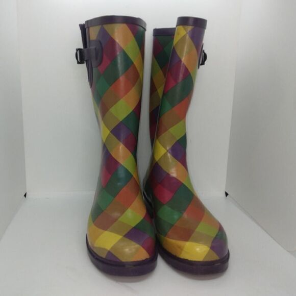 Merona Designer Womens Pre-owned Plaid Green/Yellow/Red Rain Boots - sz. 7 - Picture 3 of 6